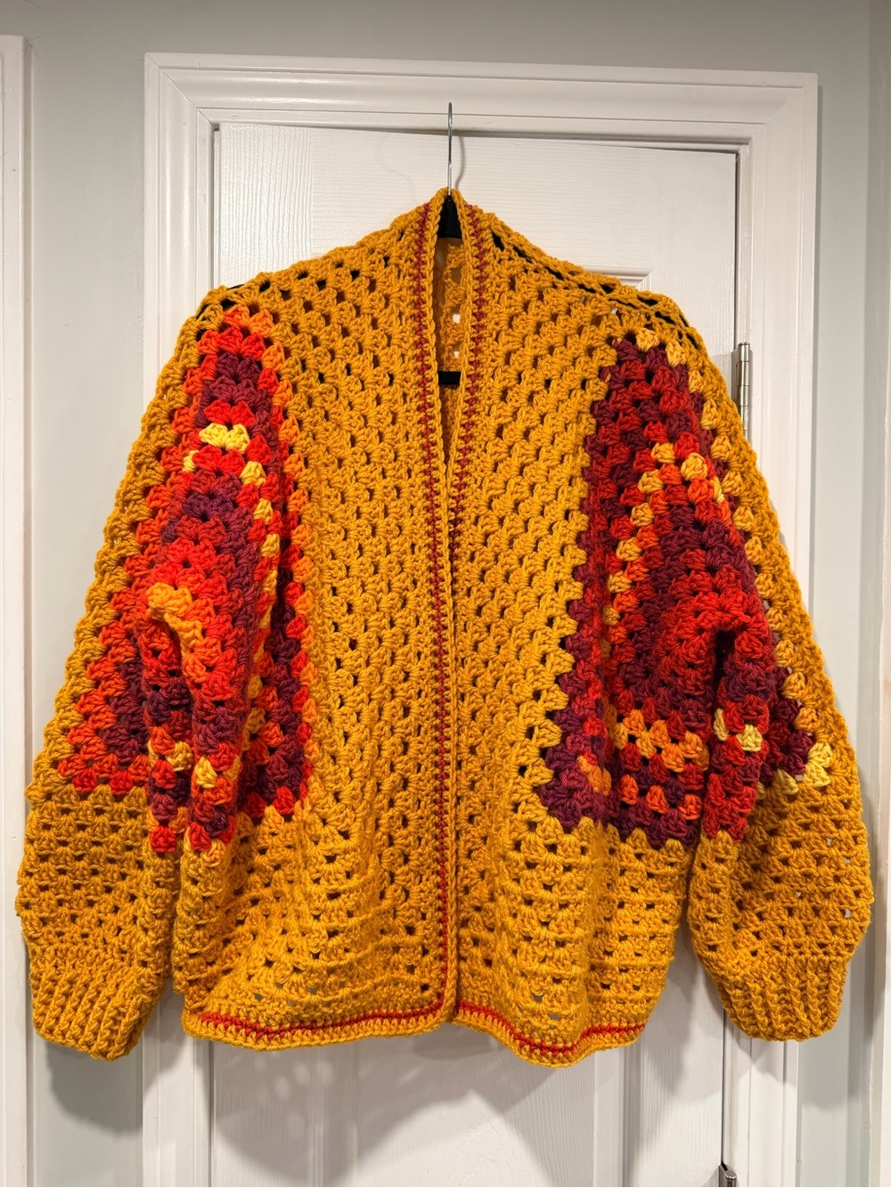 Handmade Crochet Granny Square One Size Cozy Cardigan Boho Chunky Knit Sweater